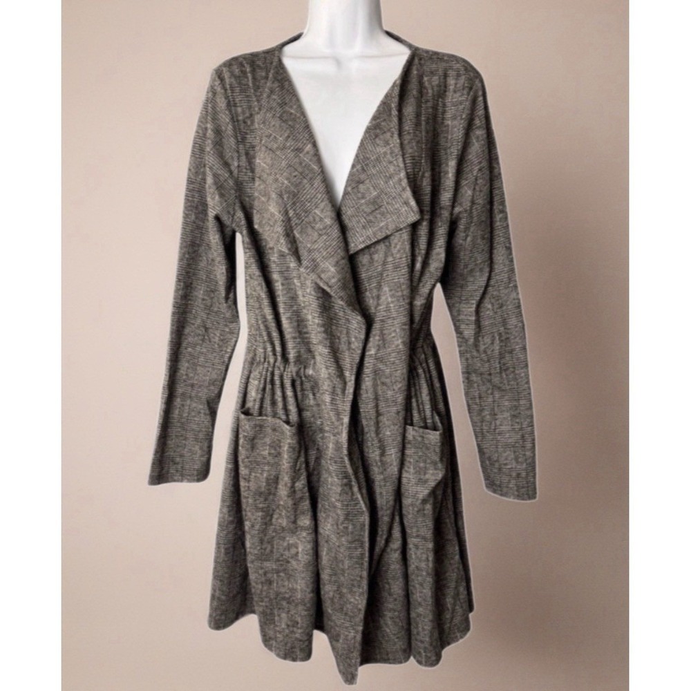 Ivoire Cardigan Women XL Gray Glen Plaid Open Front Drawstring Waist Longline